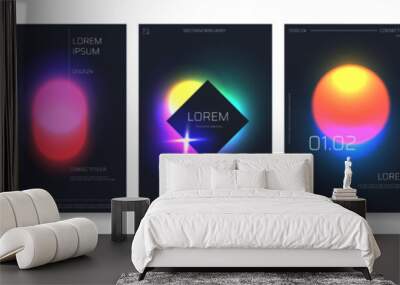 Modern futuristic posters with neon gradient forms on black background, abstract sci-fi print with eclipse effect. Cyberpunk aesthetic cover, circle frame minimalist space poster vector template set Wall mural